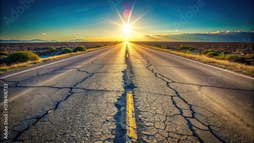 A sun-drenched highway stretches toward a vibrant sunset, its cracked asphalt surface telling a tale of journeys past and adventures to come.