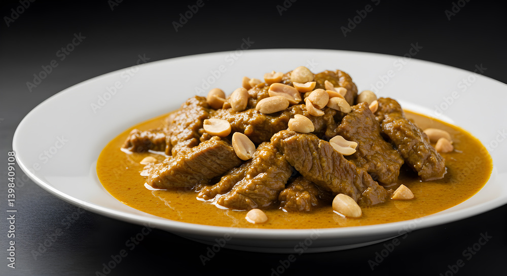 Authentic Thai Massaman Curry with Beef and Peanuts Served on Plate Authentic Thai Massaman Curry with Beef and Peanuts Served on Plate