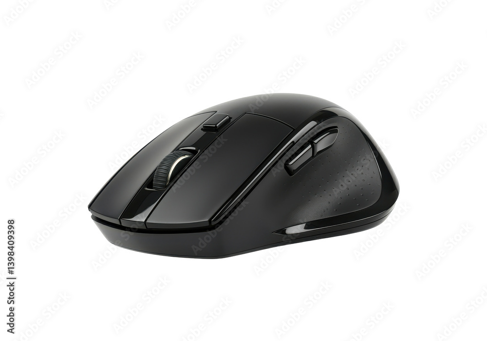 A black computer mouse with a sleek design floating horizontally in mid-air against a solid white background A black computer mouse with a sleek design floating horizontally in mid-air against a solid white background