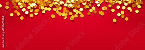 Festive golden glitter confetti on a deep red background. Perfect for holiday invitations, party decorations or any holiday project.