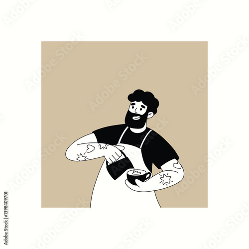 Barista man make cappuccino vector doodle illustration