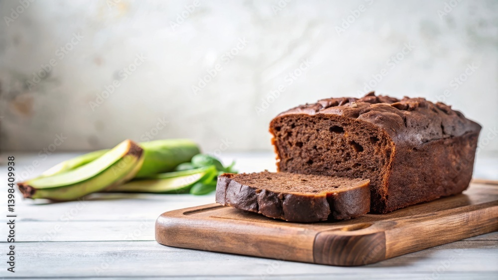 Delicious Chocolate Loaf Cake Sliced on Wooden Board with Green Bananas