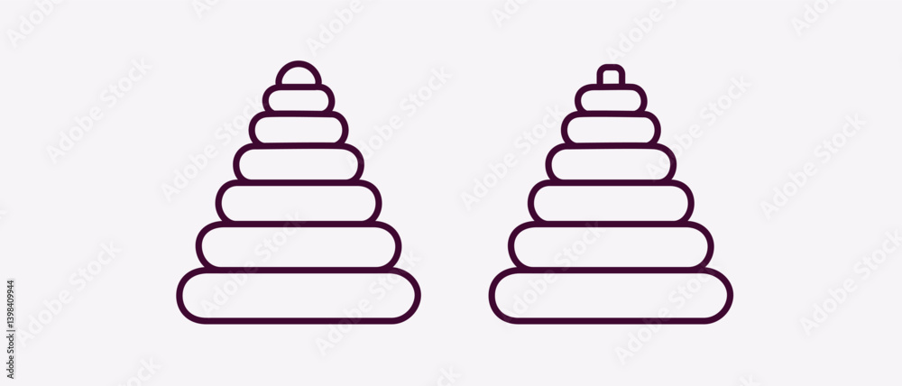 Toy pyramid isolated. Stacking wooden or plastic rings. Educational tower toy for toddlers. Entertainment for children. Vector illustration. Outline. Flat style design. Simple icon. Toy pyramid isolated. Stacking wooden or plastic rings. Educational tower toy for toddlers. Entertainment for children. Vector illustration. Outline. Flat style design. Simple icon.