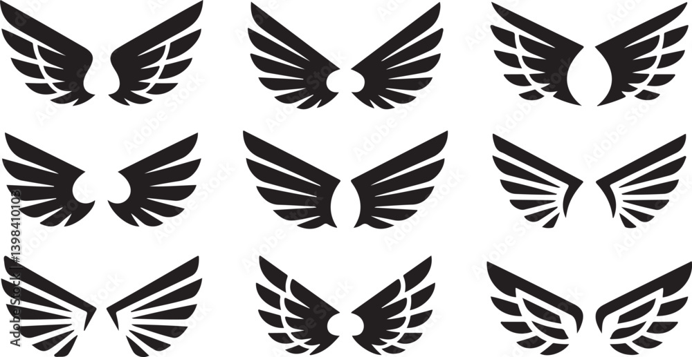 Obraz premium Vector Wing Icons in Various Symmetrical Styles Featuring Stylized Feathers and Shapes for Logos, Emblems