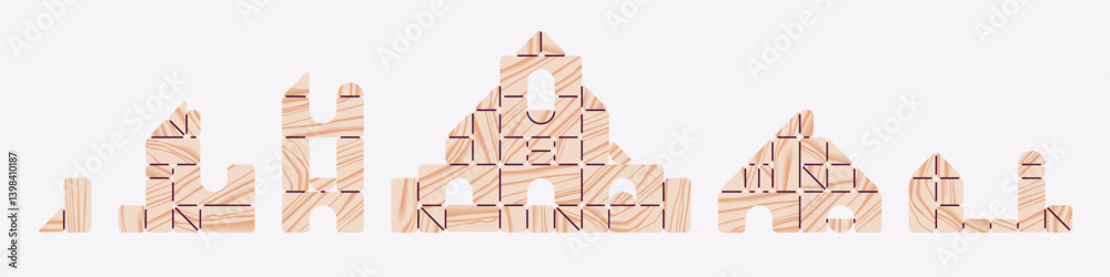 Toy wooden cubes. Building blocks for kids. Children's educational game. Jigsaw puzzle game. House, building, tower, castle construction. Vector illustration. Realistic wood texture. Flat style design