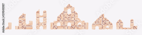 Obraz na płótnie Toy wooden cubes. Building blocks for kids. Children's educational game. Jigsaw puzzle game. House, building, tower, castle construction. Vector illustration. Realistic wood texture. Flat style design w salonie