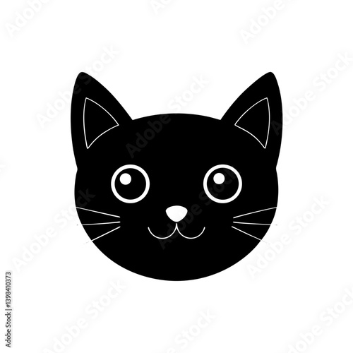 Black Silhouette Cute Kawaii Cat Head with Wide Eyes and Pink Nose vector illustration