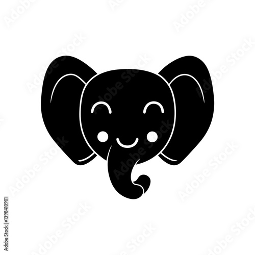 Black Silhouette Cute Kawaii Elephant Head with Heart Ears vector illustration