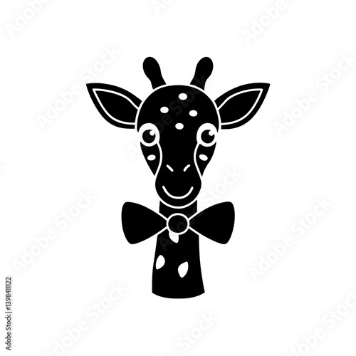 Black Silhouette Cute Kawaii Giraffe Head with Bow Tie and Blushing Cheeks vector illustration