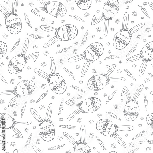 Seamless pattern with rabbits or carrots on. Black and white illustration on a white background in a hand-drawn style. Can be used for postcards, photons, patterns.