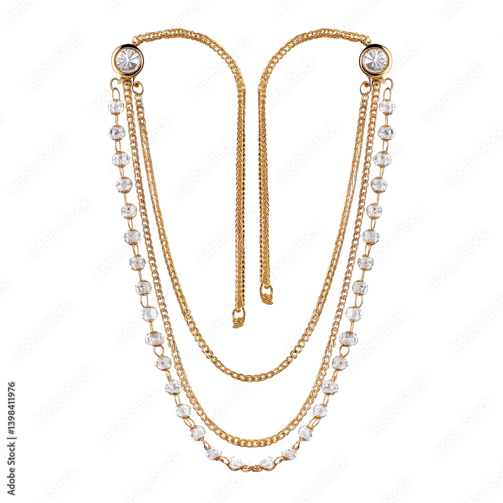 Gold layered necklace with pearls and chains isolated on white background