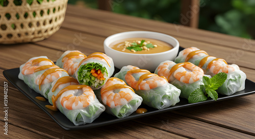 Delicious Vietnamese Shrimp Spring Rolls with Peanut Sauce on Platter