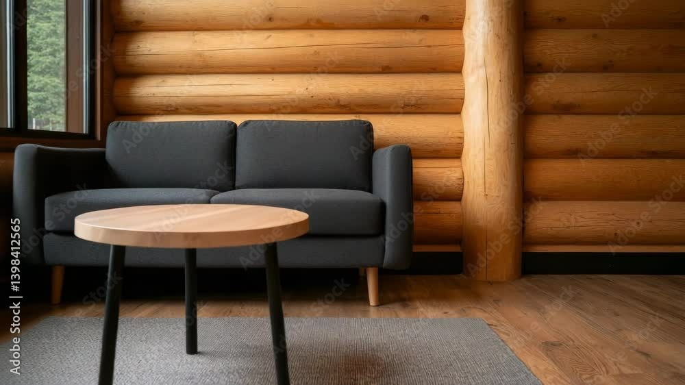 A modern living room corner featuring a dark sofa and a round wooden coffee table against a wooden log wall.