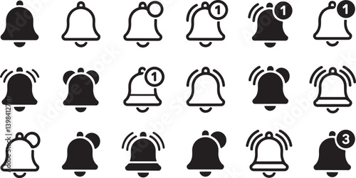 Set of Notification Bell Icons for Alerts, Sound, and Communication Design Elements