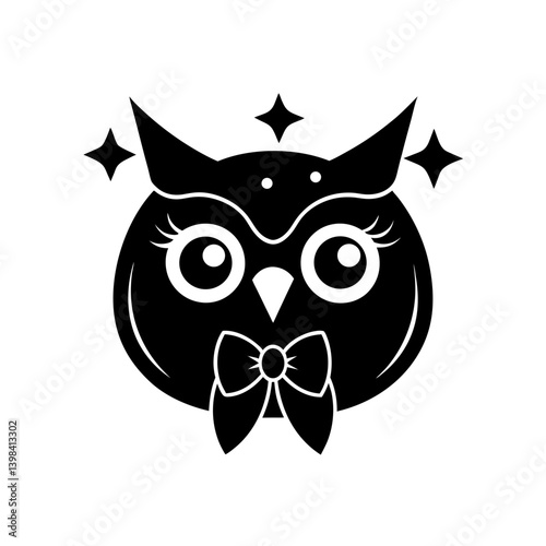 Black Silhouette Adorable Kawaii Owl Head with Ribbon and Shiny Eyes vector illustration
