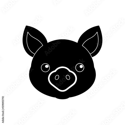 Black Silhouette Adorable Kawaii Pig Head with Heart Nose and Small Ears vector illustration