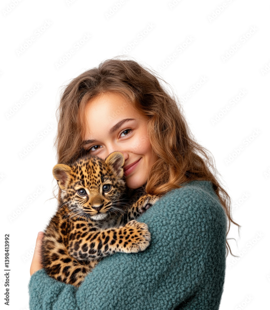 Cuddling baby leopard with young girl in portrait warm lighting joyful bond. Isolated on transparent background, png.