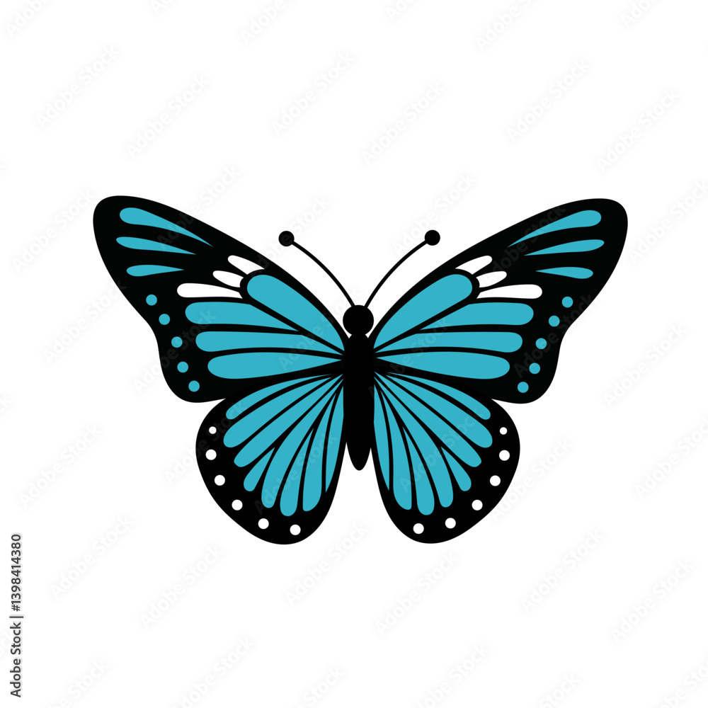 Obraz premium Bright decorative Monarch butterfly in blue color. Insect in trendy flat style. Isolated vector illustration on white background.