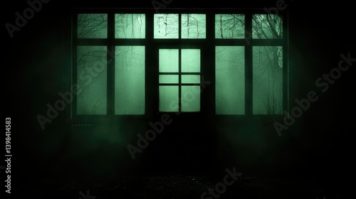 A dimly lit room features a framed window at the center