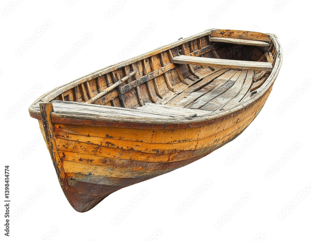 Weathered wooden fishing boat dockside location object environment view. Isolated on transparent background, png.