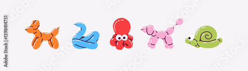 Balloon animals set. Balloon twisting. Inflatable dog, swan, octopus, poodle, snail. Toys for children, kids birthday party decoration. Clown trick. Vector illustration. Bright colors. Flat style.