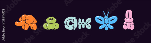 Balloon animals set. Balloon twisting. Inflatable elephant, frog, fish, butterfly, rabbit, bunny. Toys for children, kids birthday party decoration. Clown trick. Vector illustration. Flat style.