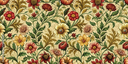 Vibrant floral wallpaper design featuring a mix of colorful flowers and leaves.