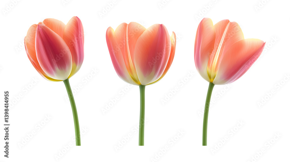 Fototapeta premium A trio of delicate pink and orange tulip blossoms stand upright on thin green stems, perfect for springtime design projects isolated on a.