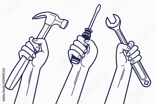 Line Art of Raised Hands Holding Tools – Labor and Unity Vector Illustration.