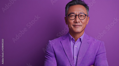 Man in purple suit with glasses posing against a solid purple background