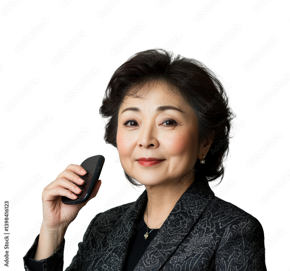 Empowering businesswoman holding a device modern office portrait professional environment confident view. Isolated on transparent background, png.