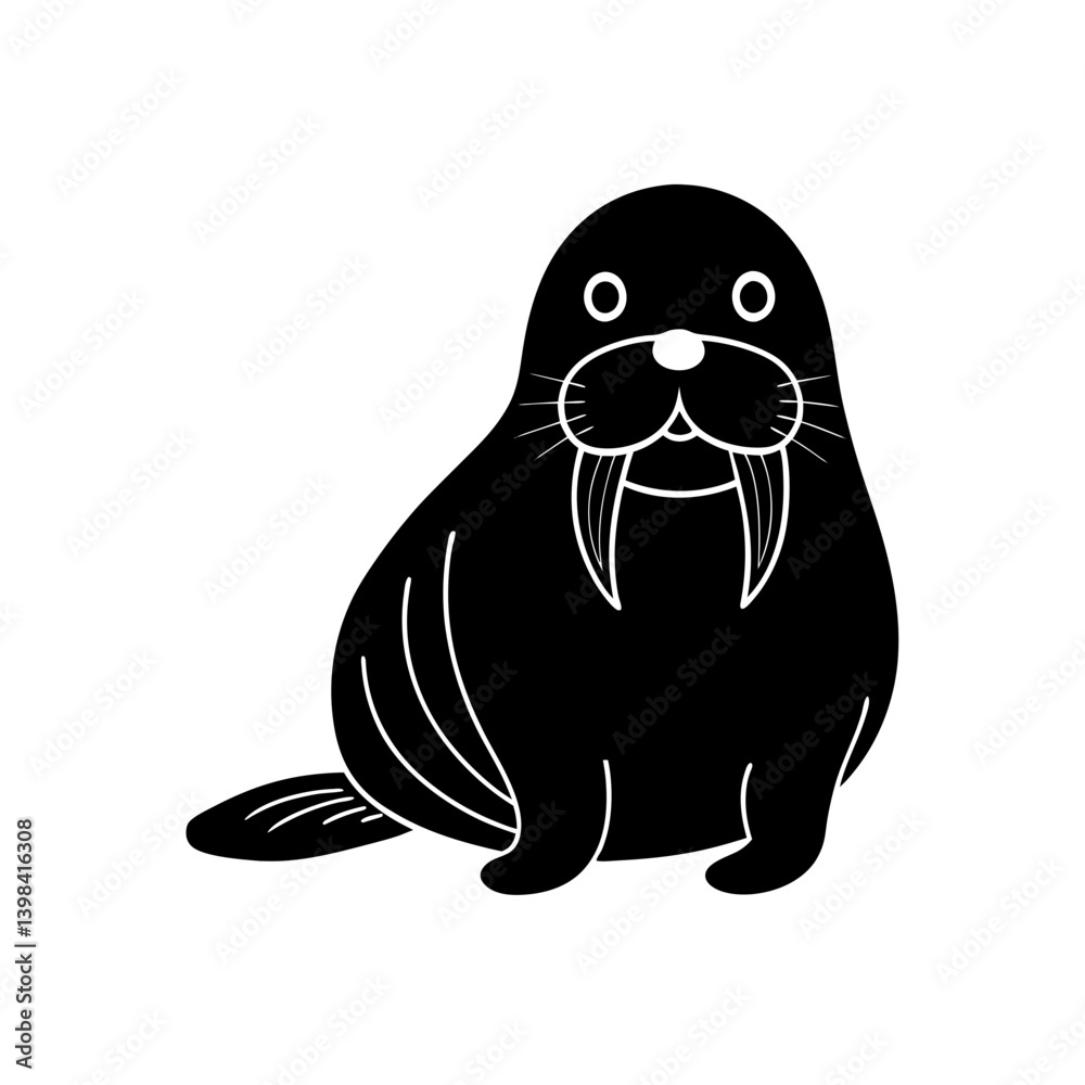 Fototapeta premium Black Silhouette Cute Kawaii Walrus Head with Mustache and Big Eyes vector illustration