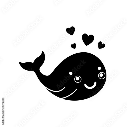 Black Silhouette Adorable Kawaii Whale Head with Hearts and Large Eyes vector illustration