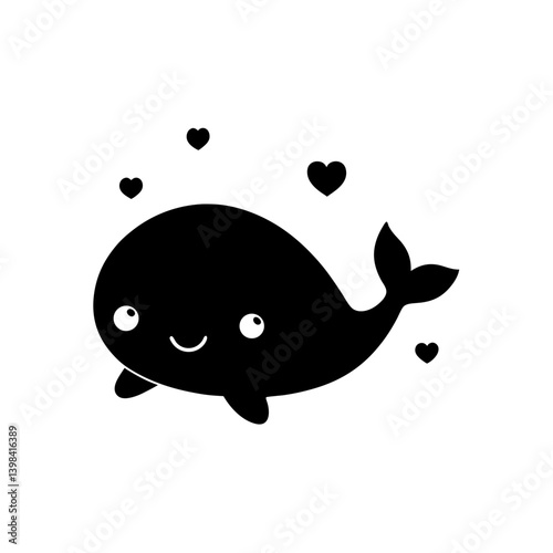 Black Silhouette Cute Kawaii Whale Head with Hearts and Big Eyes vector illustration