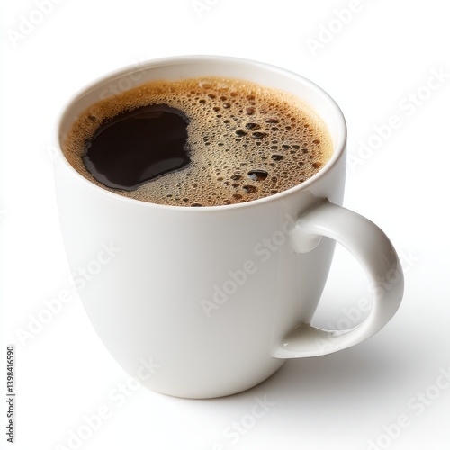 Close up of a white mug filled with dark liquid isolated on white background