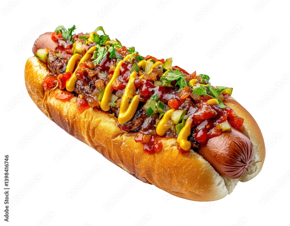 Delicious hot dog topped with mustard and salsa street food market food urban. Isolated on transparent background, png.