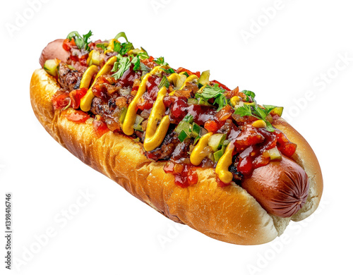 Obraz na płótnie Delicious hot dog topped with mustard and salsa street food market food urban. Isolated on transparent background, png. w salonie