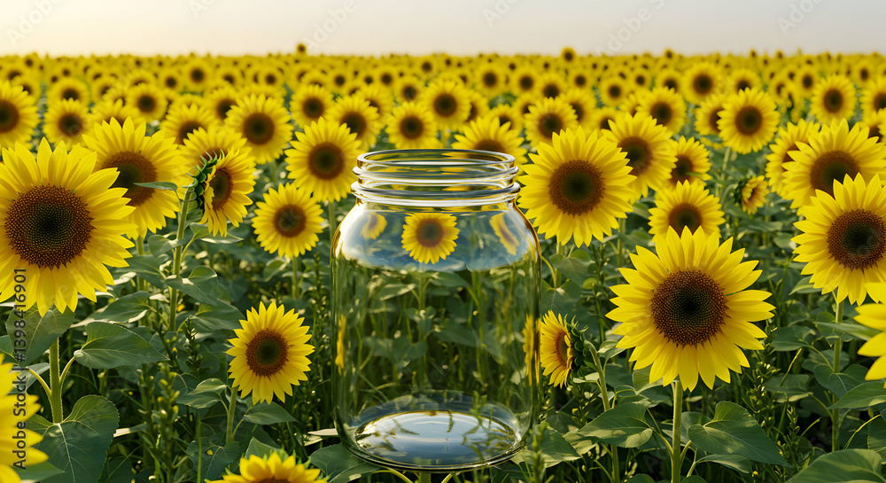 Empty Glass Jar In A Sunflower Field