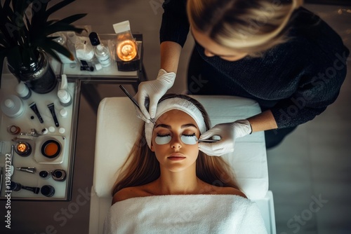 Overhead view of a woman receiving eyelash extensions. A beautician applies adhesive using a precision tool. The client wears under-eye pads. Various beauty products are visible on a nearby surface