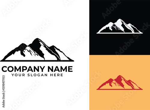 Mountain peak summit logo design. Outdoor hiking adventure icon set. Alpine wilderness travel symbol. Vector illustration.