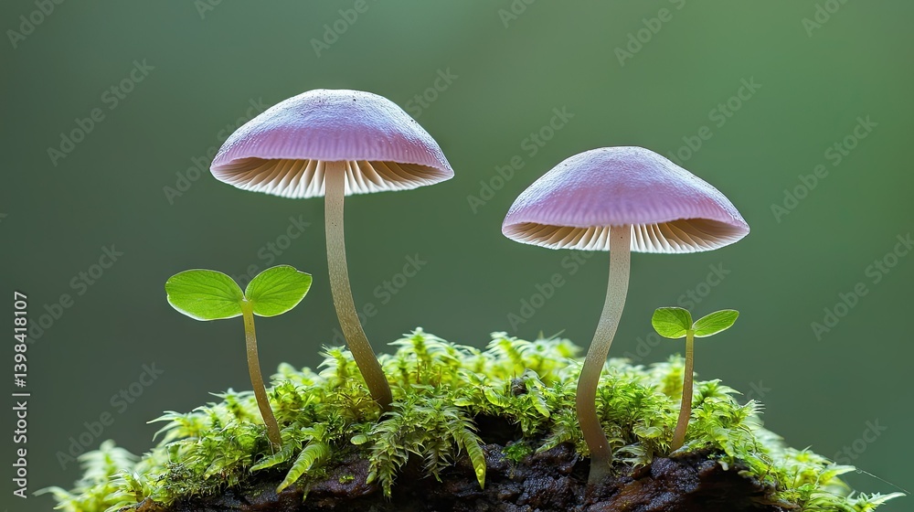 Two Small Mushrooms Growing With Young Green Sprouting Plants Two Small Mushrooms Growing With Young Green Sprouting Plants