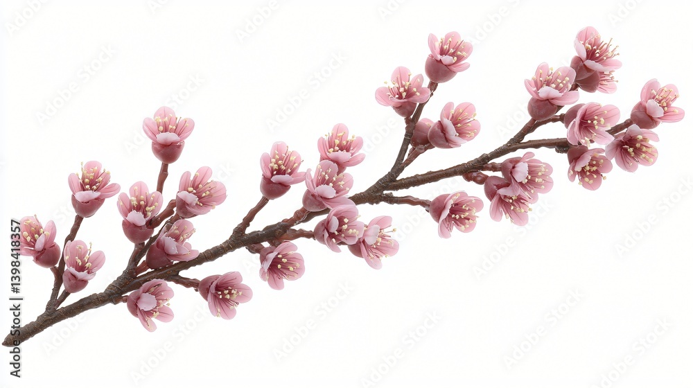 Pink cherry blossoms branch, spring bloom, isolated, white background, floral design Pink cherry blossoms branch, spring bloom, isolated, white background, floral design