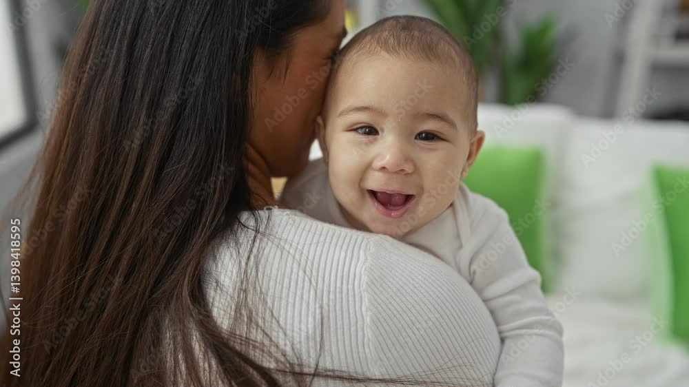 Mother holds smiling baby in cozy bedroom setting, embodying warmth and love with bright cushions in the background. Mother holds smiling baby in cozy bedroom setting, embodying warmth and love with bright cushions in the background.