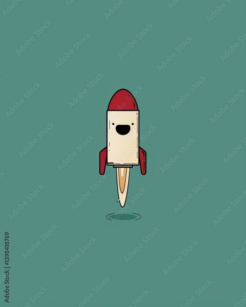 Cartoon rocket illustration with a smiling face, soaring against a solid color background, symbolizing adventure Cartoon rocket illustration with a smiling face, soaring against a solid color background, symbolizing adventure