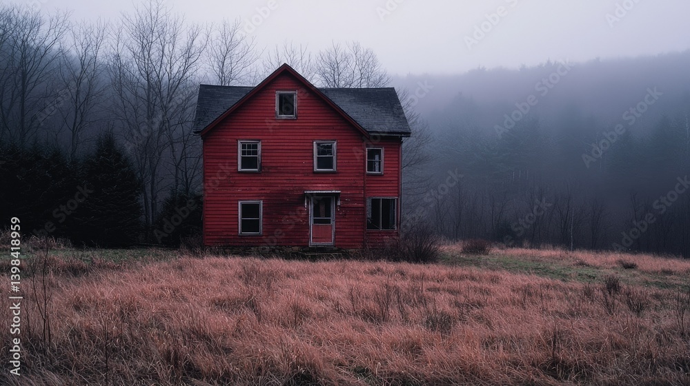 Fototapeta premium An Abandoned Red House Standing In A Foggy Autumn Landscape