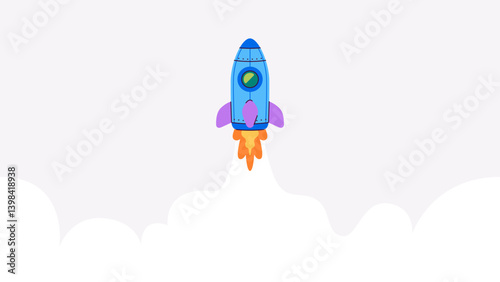 Flying rocket isolated. Rocket ship with fire and smoke launch in the sky. Vector illustration. Children's spaceship toy. Bright colors. Cartoon flat style icon. Business, start up concept.