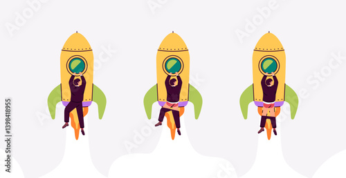 Competition. One rocket flies faster. Success and failure. Rocket ship with fire launch in the sky. Vector illustration. Business, investments, start up concept. Man in suit. Broken crashed spaceship.
