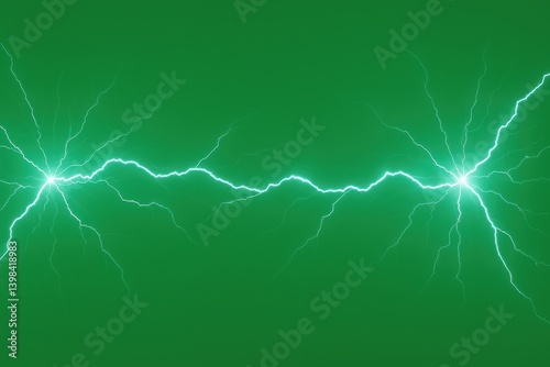 Close-up of electric lightning arc cracking across the sky, bright flashes on green screen, shockwave energy