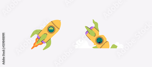 Flying rocket and broken crashed rocket. Success and failure. Rocket ship with fire launch in the sky. Vector illustration. Spaceship toy. Cartoon flat style design. Business, start up concept.
