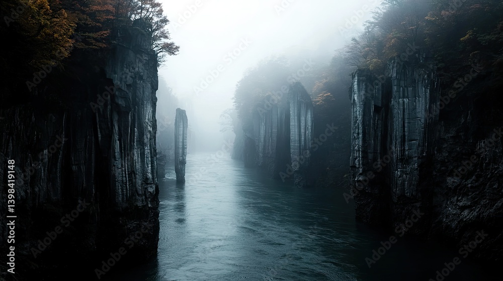Fototapeta premium Dramatic view of a foggy river canyon with vertical rock formations